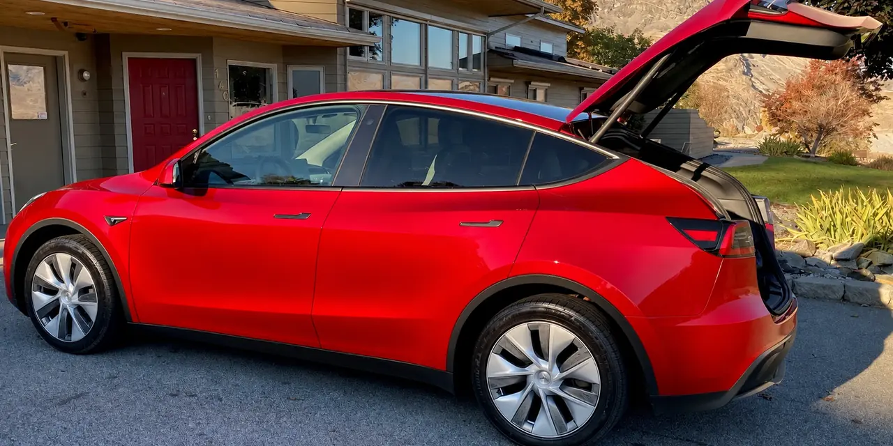 The same red Tesla Model Y washed clean with a deep gloss finish after a mobile detail